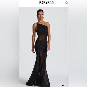 Asymmetric One-Shoulder Ruched Mesh Dress in Black